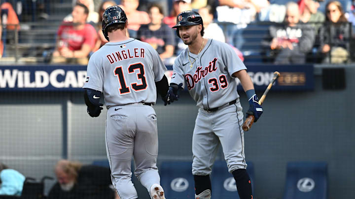 Oct 2, 2025; Cleveland, Ohio, USA; Detroit Tigers catcher Dillon Dingler (13) celebrates with third baseman Zach McKinstry (39) after hitting a home run in the sixth inning against the Cleveland Guardians during game three of the Wildcard round for the 2025 MLB playoffs at Progressive Field. Oct 2, 2025; Cleveland, Ohio, USA; Detroit Tigers catcher Dillon Dingler (13) celebrates with third baseman Zach McKinstry (39) after hitting a home run in the sixth inning against the Cleveland Guardians during game three of the Wildcard round for the 2025 MLB playoffs at Progressive Field.