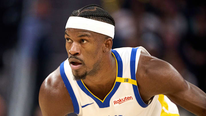 Apr 13, 2025; San Francisco, California, USA; Golden State Warriors forward Jimmy Butler III (10) looks on against the LA Clippers during the first quarter at Chase Center. Mandatory Credit: Robert Edwards-Imagn Images