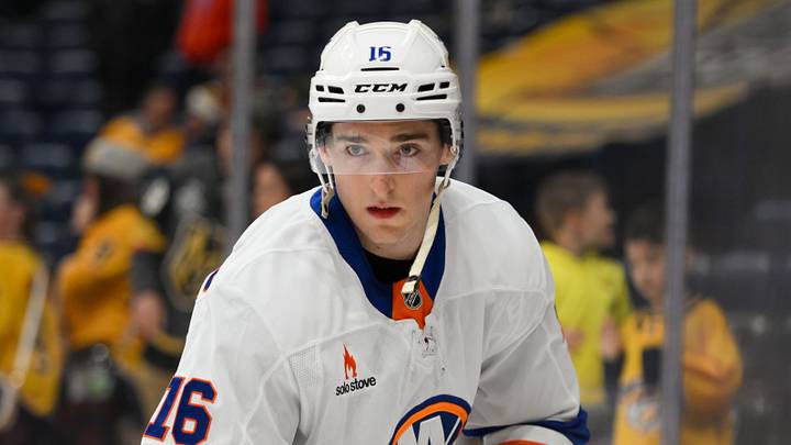 Apr 8, 2025; Nashville, Tennessee, USA; New York Islanders center Marc Gatcomb (16) warms up before a game against the Nashville Predators at Bridgestone Arena. Mandatory Credit: Steve Roberts-Imagn Images Apr 8, 2025; Nashville, Tennessee, USA; New York Islanders center Marc Gatcomb (16) warms up before a game against the Nashville Predators at Bridgestone Arena. Mandatory Credit: Steve Roberts-Imagn Images
