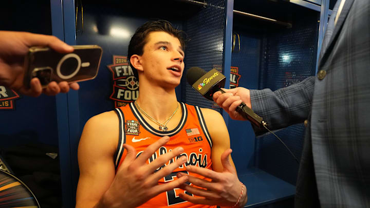 Apr 2, 2026; Indianapolis, IN, USA; Illinois Fighting Illini guard Andrej Stojakovic (2) during open locker room at the Final Four. Mandatory Credit: Bob Donnan-Imagn Images