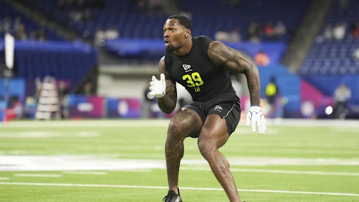 Feb 26, 2026; Indianapolis, IN, USA; Florida Gators defensive lineman George Gumbs (DL39) during the NFL Scouting Combine  at Lucas Oil Stadium. Mandatory Credit: Kirby Lee-Imagn Images