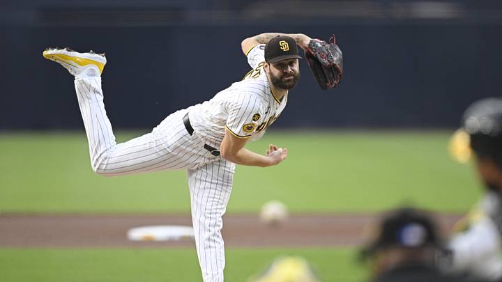 May 23, 2026; San Diego, California, USA; San Diego Padres pitcher Lucas Giolito (55) delivers during the first inning against the Athletics at Petco Park. Mandatory Credit: Denis Poroy-Imagn Images