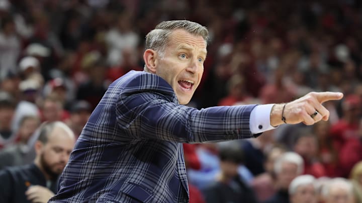 Feb 8, 2025; Fayetteville, Arkansas, USA; Alabama Crimson Tide head coach Nate Oats during the first half against the Arkansas Razorbacks at Bud Walton Arena. Mandatory Credit: Nelson Chenault-Imagn Images