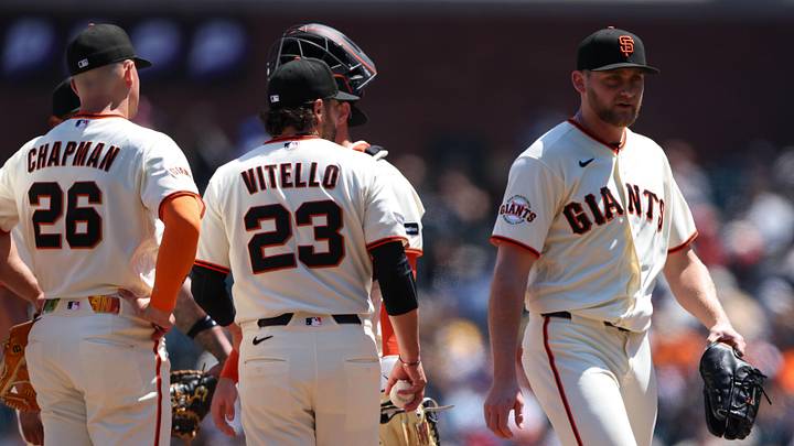 May 6, 2026; San Francisco, California, USA; San Francisco Giants pitcher Keaton Winn (right) walks off the mound after being pulled during the seventh inning against the San Diego Padres at Oracle Park. May 6, 2026; San Francisco, California, USA; San Francisco Giants pitcher Keaton Winn (right) walks off the mound after being pulled during the seventh inning against the San Diego Padres at Oracle Park.