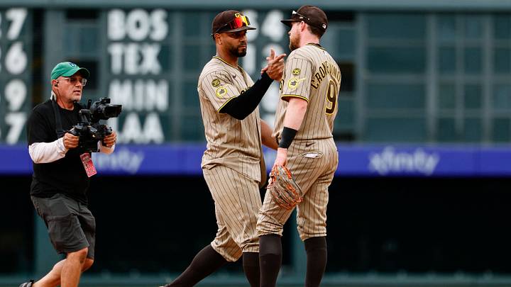 Sep 17, 2026; Denver, Colorado, USA; San Diego Padres shortstop Xander Bogaerts (2) celebrates with second baseman Jake Cronenworth (9) after the game against the Colorado Rockies at Coors Field. Mandatory Credit: Isaiah J. Downing-Imagn Images Sep 17, 2026; Denver, Colorado, USA; San Diego Padres shortstop Xander Bogaerts (2) celebrates with second baseman Jake Cronenworth (9) after the game against the Colorado Rockies at Coors Field. Mandatory Credit: Isaiah J. Downing-Imagn Images
