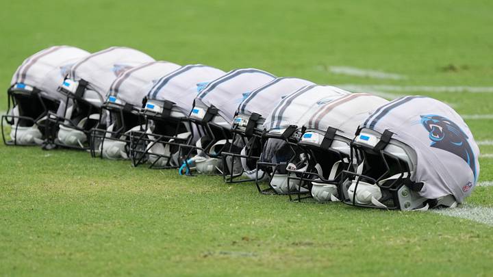 Carolina Panthers helmets covered in protectors during training camp Carolina Panthers helmets covered in protectors during training camp