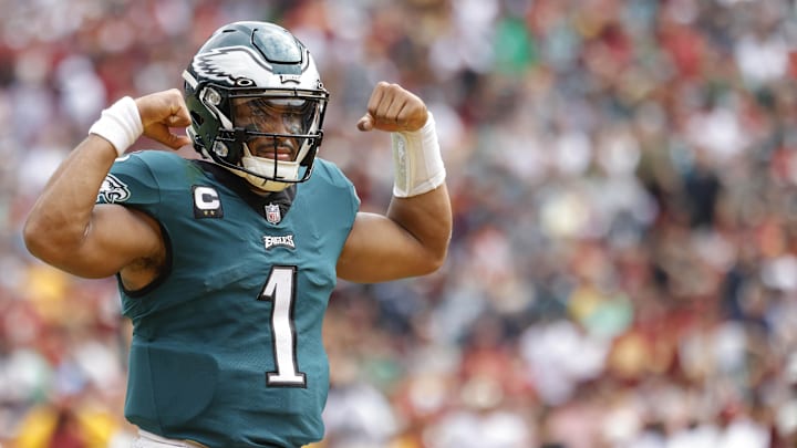 Philadelphia Eagles quarterback Jalen Hurts (1) celebrates.
