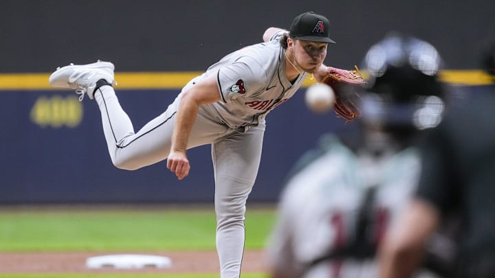 Sep 19, 2024; Milwaukee, Wisconsin, USA;  Arizona Diamondbacks pitcher Brandon Pfaadt (32) throws a pitch during the first inning against the Milwaukee Brewers at American Family Field. Mandatory Credit: Jeff Hanisch-Imagn Images