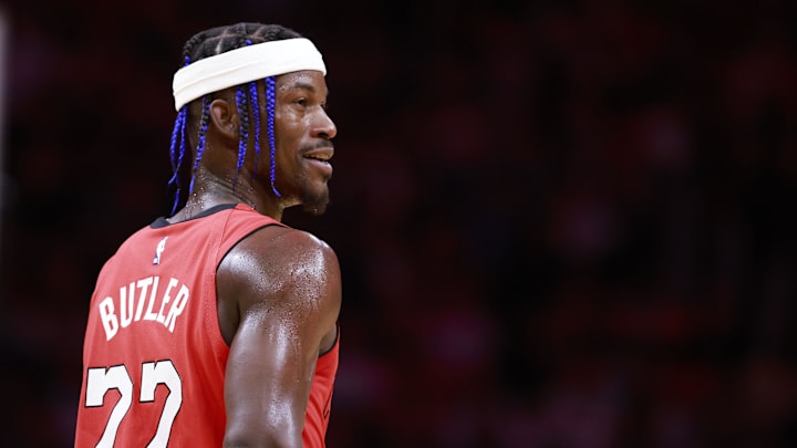 Dec 8, 2024; Miami, Florida, USA;  Miami Heat forward Jimmy Butler (22) smiles at the bench against the Cleveland Cavaliers during the second half at Kaseya Center. Mandatory Credit: Rhona Wise-Imagn Images