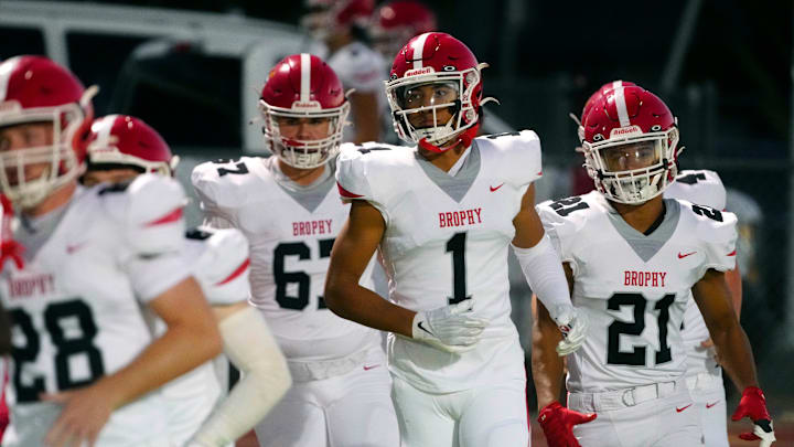 Brophy Prep wide receiver Devin Fitzgerald (1) takes the field with his team during a game at Centennial High School on Sept. 13, 2024.