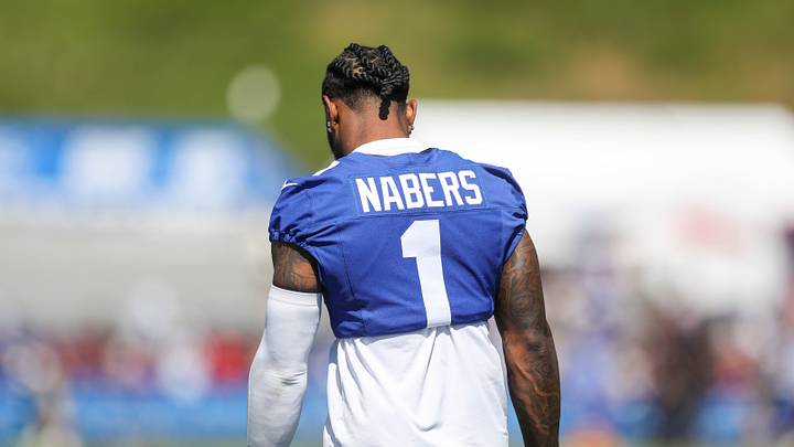 Jul 30, 2026; White Sulphur Springs, WV, USA; New York Giants wide receiver Malik Nabers (1) walks on the field after practice during training camp at The Greenbrier Resort Sports Performance Center. Mandatory Credit: Ben Queen-Imagn Images