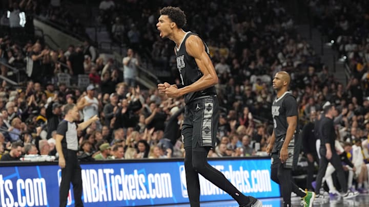Nov 15, 2024; San Antonio, Texas, USA; San Antonio Spurs center Victor Wembanyama (1) reacts during the second half against the Los Angeles Lakers at Frost Bank Center. Mandatory Credit: Scott Wachter-Imagn Images