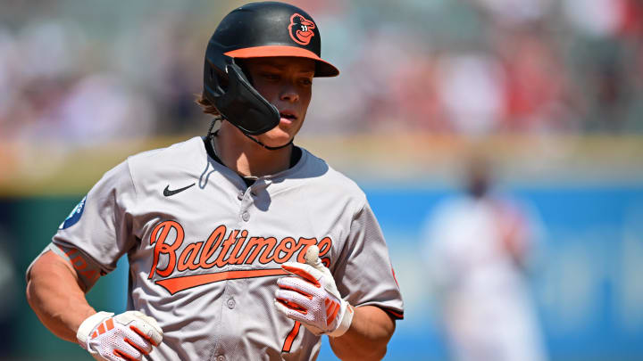 Aug 4, 2024; Cleveland, Ohio, USA; Baltimore Orioles second baseman Jackson Holliday (7) runs the bases after hitting a solo home run during the fourth inning against the Cleveland Guardians at Progressive Field.
