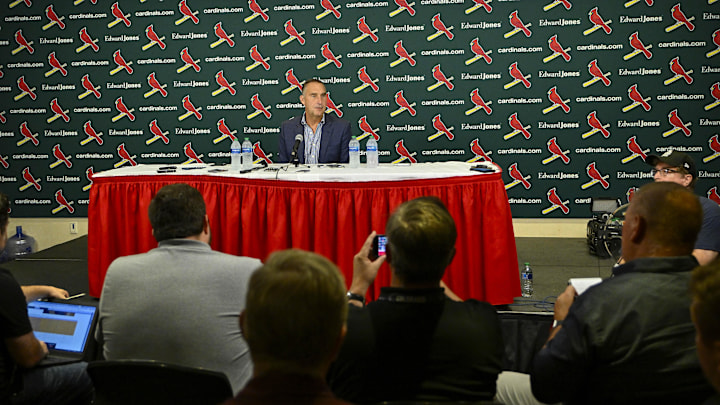 Aug 1, 2023; St. Louis, Missouri, USA;  St. Louis Cardinals president of baseball operations John Mozeliak talks with the media after the Cardinals traded shortstop Paul DeJong (11) and starting pitcher Jack Flaherty (22) before a game against the Minnesota Twins at Busch Stadium. Mandatory Credit: Jeff Curry-Imagn Images