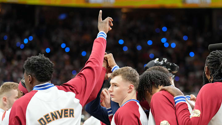 Jun 12, 2023; Denver, Colorado, USA; The Denver Nuggets huddle before game five of the 2023 NBA Finals against the Miami Heat at Ball Arena. Mandatory Credit: Kyle Terada-Imagn Images