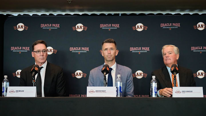 Oct 1, 2024; San Francisco, CA, USA; San Francisco Giants president of baseball operations Buster Posey (middle), manager Bob Melvin (left) and chairman Greg Johnson address the media during a press conference at Oracle Park. Mandatory Credit: Robert Edwards-Imagn Images