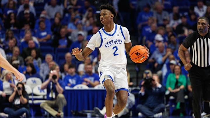 Nov 4, 2024; Lexington, Kentucky, USA; Kentucky Wildcats guard Jaxson Robinson (2) brings the ball up court during the second half against the Wright State Raiders at Rupp Arena at Central Bank Center. Mandatory Credit: Jordan Prather-Imagn Images