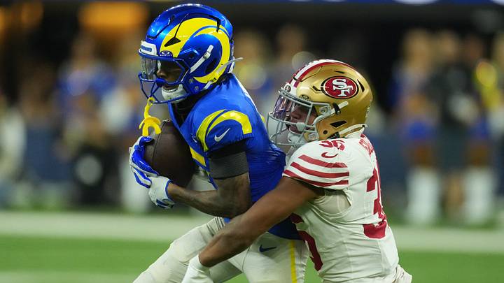 Oct 2, 2025; Inglewood, California, USA; Los Angeles Rams wide receiver Tutu Atwell (5) makes attach against San Francisco 49ers safety Marques Sigle (36) during the second half at SoFi Stadium. Mandatory Credit: Kirby Lee-Imagn Images Oct 2, 2025; Inglewood, California, USA; Los Angeles Rams wide receiver Tutu Atwell (5) makes attach against San Francisco 49ers safety Marques Sigle (36) during the second half at SoFi Stadium. Mandatory Credit: Kirby Lee-Imagn Images