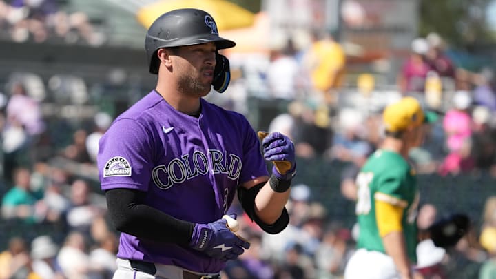 Mar 6, 2026; Mesa, Arizona, USA; Colorado Rockies right fielder Tyler Freeman (2) draws a walk against the Athletics in the second inning at Hohokam Stadium. Mandatory Credit: Rick Scuteri-Imagn Images
