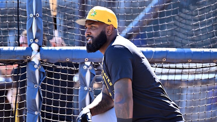 Feb 25, 2026; North Port, Florida, USA; Pittsburgh Pirates designated hitter Marcell Ozuna (24) prepares to take batting practice before the start of the game against the Atlanta Braves during spring training at CoolToday Park. Mandatory Credit: Jonathan Dyer-Imagn Images Feb 25, 2026; North Port, Florida, USA; Pittsburgh Pirates designated hitter Marcell Ozuna (24) prepares to take batting practice before the start of the game against the Atlanta Braves during spring training at CoolToday Park. Mandatory Credit: Jonathan Dyer-Imagn Images