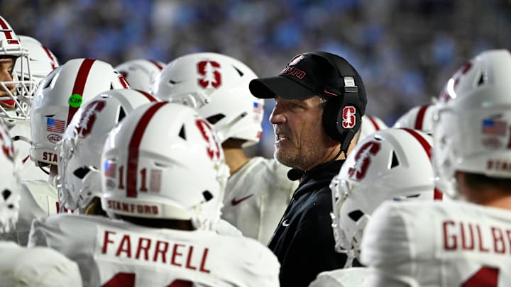 Nov 8, 2025; Chapel Hill, North Carolina, USA;  Stanford Cardinal head coach Frank Reich with his players in the third quarter at Kenan Stadium. Mandatory Credit: Bob Donnan-Imagn Images