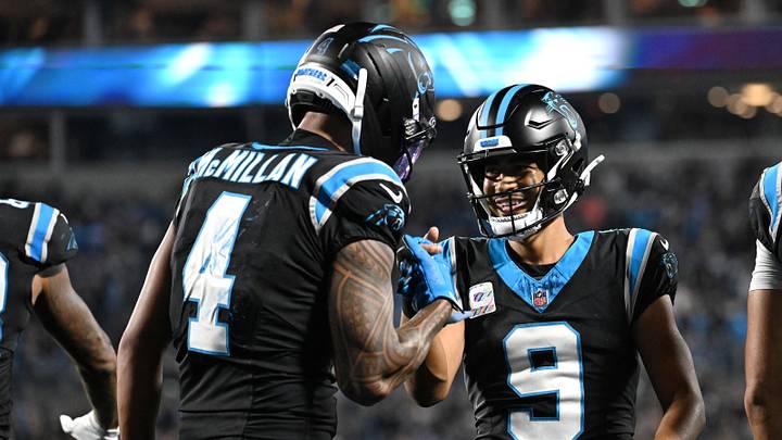 Carolina Panthers wide receiver Tetairoa McMillan (4) celebrates with quarterback Bryce Young Carolina Panthers wide receiver Tetairoa McMillan (4) celebrates with quarterback Bryce Young