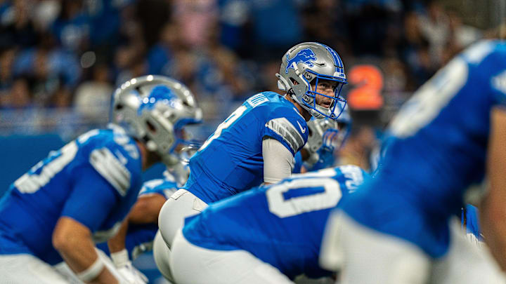 Detroit Lions quarterback Kyle Allen (8) prepares to snap the ball during the first half of the pre-season game against the Houston Texans at Ford Field in Detroit on Saturday, Aug. 23, 2025.