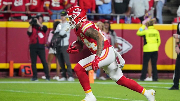 Oct 7, 2024; Kansas City, Missouri, USA; Kansas City Chiefs wide receiver Skyy Moore (24) returns a kick against the New Orleans Saints during the game at GEHA Field at Arrowhead Stadium. Mandatory Credit: Denny Medley-Imagn Images