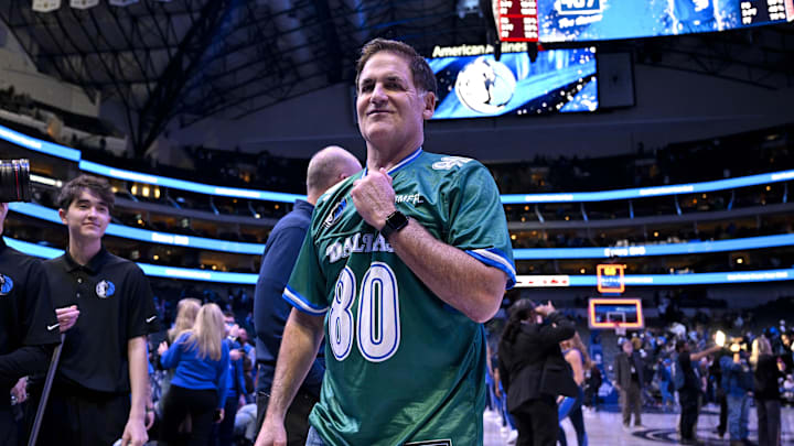 Jan 3, 2024; Dallas, Texas, USA; Dallas Mavericks owner Mark Cuban walks off the court after the Mavericks defeat the Portland Trail Blazers at the American Airlines Center. Mandatory Credit: Jerome Miron-Imagn Images