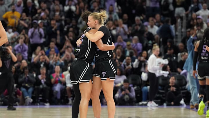 Golden State Valkyries guards Veronica Burton (left) and Julie Vanloo (right) at Chase Center. 