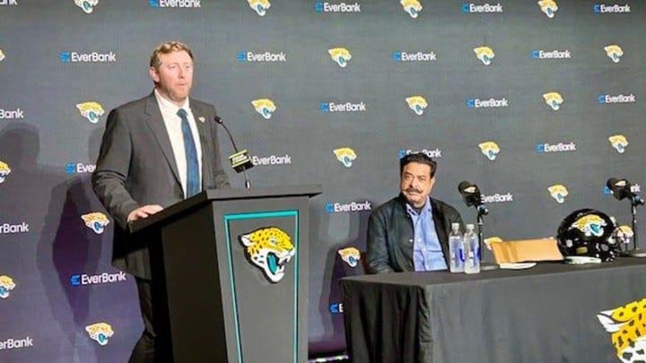 New Jacksonville Jaguars coach Liam Coen makes his opening statement at a news conference at the Miller Electric Center on Jan. 27.