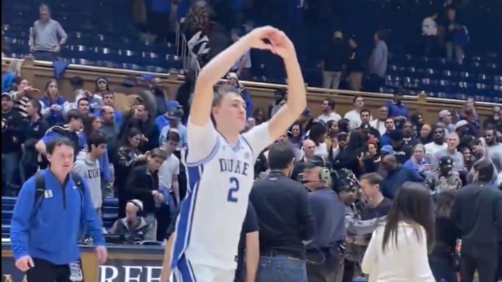 Duke freshman Cooper Flagg gestures to the crowd following the Blue Devils' 84-78 win over the Auburn Tigers at Cameron Indoor Stadium on December 4, 2024. 