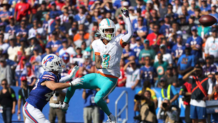 Miami receiver Robbie Chosen can t reach this high throw that was intercepted by Bills safety Micah Hyde. Miami receiver Robbie Chosen can t reach this high throw that was intercepted by Bills safety Micah Hyde.