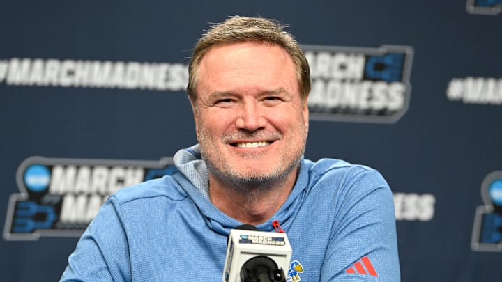 Mar 19, 2025; Providence, RI, USA; Kansas Jayhawks head coach Bill Self speaks to the media during a press conference at Amica Mutual Pavilion. Mandatory Credit: Eric Canha-Imagn Images