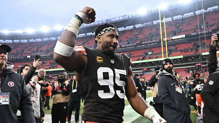 Dec 28, 2025; Cleveland, Ohio, USA; Cleveland Browns defensive end Myles Garrett (95) exits the field after the game against the Pittsburgh Steelers at Huntington Bank Field. Mandatory Credit: Ken Blaze-Imagn Images