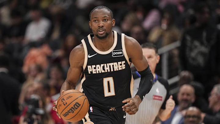 Feb 26, 2026; Atlanta, Georgia, USA; Atlanta Hawks forward Jonathan Kuminga (0) brings the ball up the court against the Washington Wizards during the second half at State Farm Arena. Mandatory Credit: Dale Zanine-Imagn Images