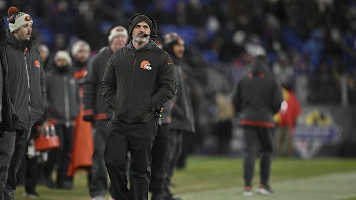 Jan 4, 2025; Baltimore, Maryland, USA;  Cleveland Browns head coach Kevin Stefanski walks the sidelines during the second half against the Baltimore Ravens at M&T Bank Stadium. Mandatory Credit: Tommy Gilligan-Imagn Images