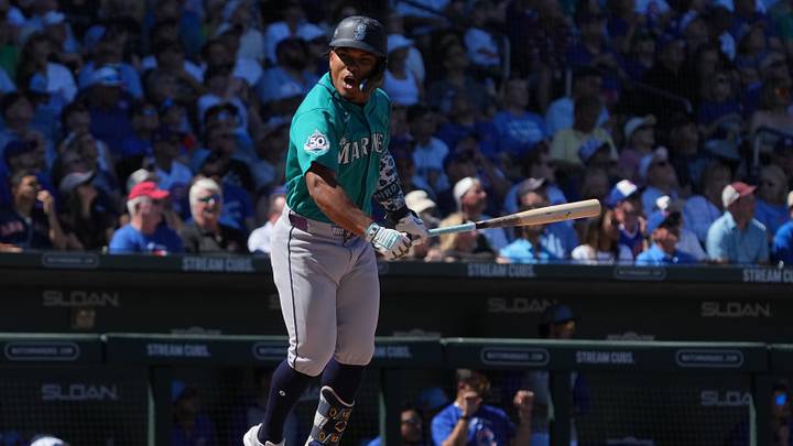 Mar 12, 2026; Mesa, Arizona, USA; Seattle Mariners shortstop Michael Arroyo (96) reacts after flying out against the Chicago Cubs in the second inning at Sloan Park. Mandatory Credit: Rick Scuteri-Imagn Images