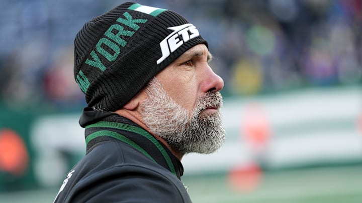 New York Jets Interim Head Coach Jeff Ulbrich watches the game in the fourth quarter with his team down 19-9 against the Los Angeles Rams, Sunday, December 22, 2024, in East Rutherford.