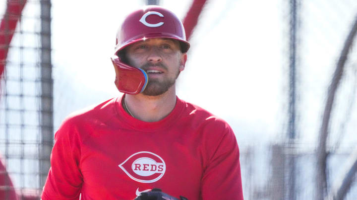 Cincinnati Reds outfielder TJ Friedl (29) finishes a live batting practice round after being hit by a pitch at the Cincinnati Reds Player Development Complex in Goodyear, Ariz., on Friday, Feb. 14, 2025. Cincinnati Reds outfielder TJ Friedl (29) finishes a live batting practice round after being hit by a pitch at the Cincinnati Reds Player Development Complex in Goodyear, Ariz., on Friday, Feb. 14, 2025.