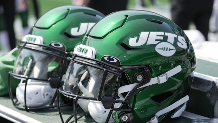 Sep 12, 2021; Charlotte, North Carolina, USA; New York Jets helmets wait during the second quarter against the Carolina Panthers at Bank of America Stadium. Mandatory Credit: Jim Dedmon-Imagn Images