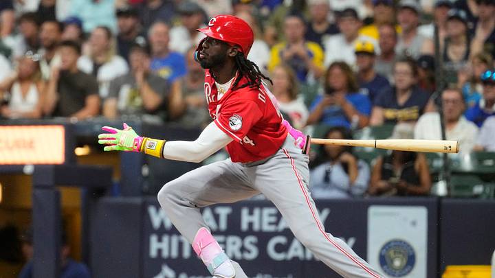Jun 29, 2026; Milwaukee, Wisconsin, USA; Cincinnati Reds shortstop Elly de la Cruz (44) gets a base hit against the Milwaukee Brewers in the seventh inning at American Family Field. Mandatory Credit: Michael McLoone-Imagn Images Jun 29, 2026; Milwaukee, Wisconsin, USA; Cincinnati Reds shortstop Elly de la Cruz (44) gets a base hit against the Milwaukee Brewers in the seventh inning at American Family Field. Mandatory Credit: Michael McLoone-Imagn Images