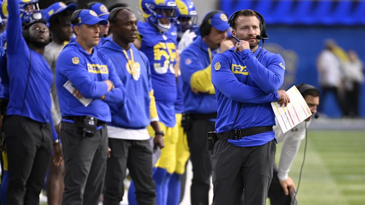 Oct 20, 2024; Inglewood, California, USA; Los Angeles Rams head coach Sean McVay walks the sidelines against the Las Vegas Raiders during the second half at SoFi Stadium. Mandatory Credit: Alex Gallardo-Imagn Images