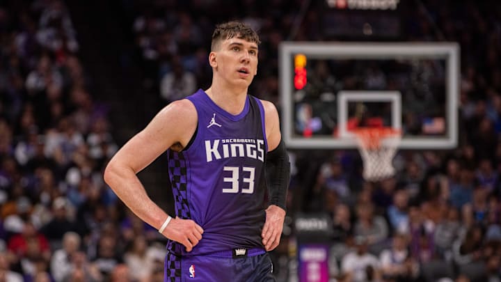 Mar 20, 2025; Sacramento, California, USA; Sacramento Kings forward Jake LaRavia (33) looks on during the fourth quarter of the game against the Chicago Bulls at Golden 1 Center. Mandatory Credit: Ed Szczepanski-Imagn Images