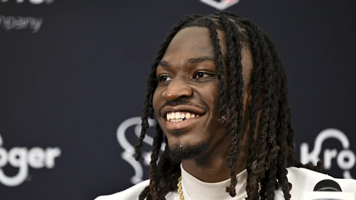 Jun 10, 2025; Houston, TX, USA; Houston Texans safety Calen Bullock speaks at a press conference after an NFL football minicamp at NRG Stadium. Mandatory Credit: Maria Lysaker-Imagn Images 