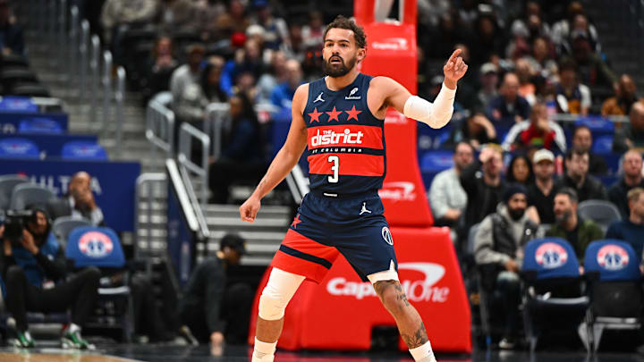 Mar 16, 2026; Washington, District of Columbia, USA; Washington Wizards guard Trae Young (3) on the court against the Golden State Warriors during the first half at Capital One Arena. Mandatory Credit: Brad Mills-Imagn Images