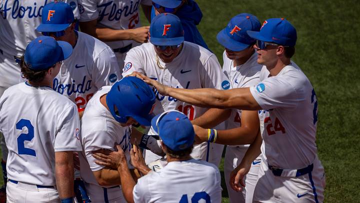 Florida's infielder Cade Kurland (4) with a home run against Rider in Game 1 of the NCAA Gainesville Regional at Condron Family Ballpark in Gainesville, Florida, Friday, May 29, 2026. The Gators beat the Broncs 8-7. [Cyndi Chambers/ Gainesville Sun] 2026