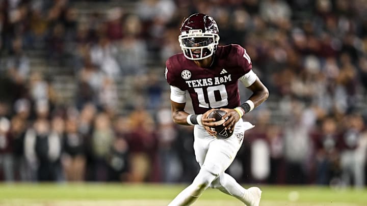 Nov 11, 2023; College Station, Texas, USA; Texas A&M Aggies quarterback Marcel Reed (10) in action during the second half against the Mississippi State Bulldogs at Kyle Field. Mandatory Credit: Maria Lysaker-Imagn Images