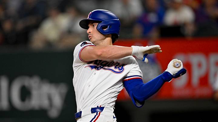 Sep 16, 2026; Arlington, Texas, USA; Texas Rangers second baseman Justin Foscue (14) bats during the game between the Rangers and the Red Sox at Globe Life Field. Mandatory Credit: Jerome Miron-Imagn Images Sep 16, 2026; Arlington, Texas, USA; Texas Rangers second baseman Justin Foscue (14) bats during the game between the Rangers and the Red Sox at Globe Life Field. Mandatory Credit: Jerome Miron-Imagn Images