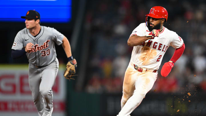 Jun 29, 2024; Anaheim, California, USA; Los Angeles Angels third baseman Luis Rengifo (2) runs the bases against the Detroit Tigers during the seventh inning at Angel Stadium. Mandatory Credit: Jonathan Hui-USA TODAY Sports